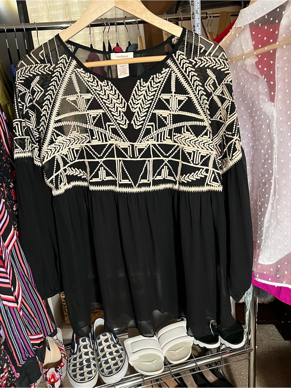 SUNDANCE Embroidered Silk Boho Peasant Blouse Black Cream